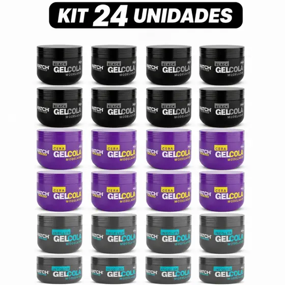 Kit 24x Gel Cola Incolor, Cera ou Black Sem Álcool Modela e Fixa Penteados Match For men 300g