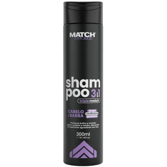 Shampoo 3 em 1 Match For Men 300ml Cabelo e Barba Limpa Condiciona Perfuma
