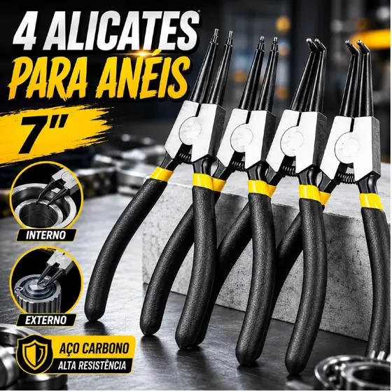 Jogo 4 Alicate para Anéis 7 Pol Profissional Aço Cromo Vanádio Trava Anel Extrator Interno Externo Bico Reto e Curvo