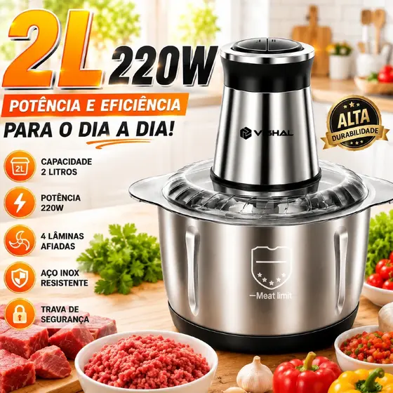 2 Litro Inox Triturador De Alimentos Carne e Legumes Elétrico Multiprocessador 2 Modos Bivolt Fácil De Limpar