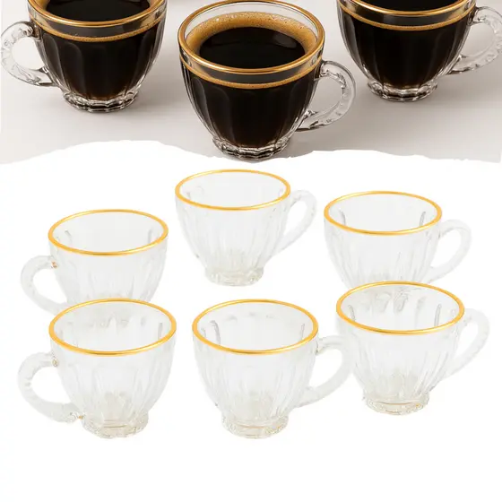 Kit 6 Xícaras Transparente Borda Dourada Café Chá Capuccino 200ml Vapt Vupt