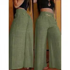Calça Pantalona De Linho Com Cinto Fake e Cintura Alta e Bolsos