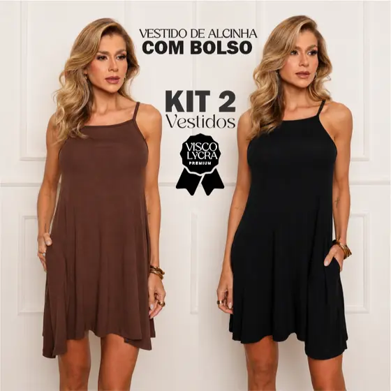 Kit C/2 Vestidos Curto Alcinha e Bolso Confortavel Viscolycra Elastano Verão Vestidinho Leve