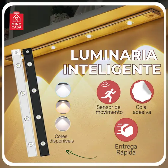 Smart Luminária LED Inteligente com Sensor de Movimento, Recarregável USB, Fina, 20/40/60cm, 3 Módulos