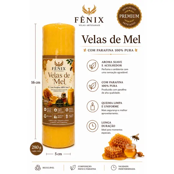 Vela Aromática Mel 280g 16cm Kit 1 2 3 4 5 e 6 Unidades