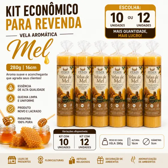 Vela Aromática Mel 280g 16cm Kit 10 ou 12 Unidades Atacado Revenda