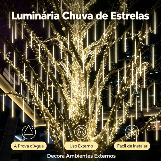 Luminária Chuva de Estrelas LED 50CM Impermeável Instalação Simples Perfeita para Decoração de Natal e Festas