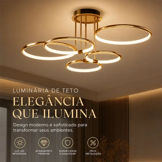 Luminária de Teto LED 5 Anéis, Bivolt, Acabamento Premium, Design Moderno para Sala de Estar e Ambientes Amplos