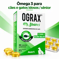 Ograx Sênior 5 Avert Ômega 3 DHA para Cães e Gatos Idosos Suplemento Alimentar Vitamina E Selênio Quelato 30 Cápsula 18g