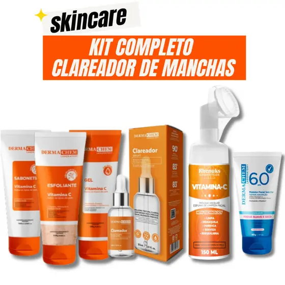 Kit Skincare Vitamina C  Dermachem+Serum Clareador+Protetor Solar Sem Cor FPS60+Mousse Micelar Vit. C Rhenuks