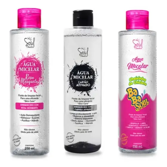 Água Micelar Soul Cosméticos 250ml Rosa Mosqueta e Carvão Ativado Limpeza Facial