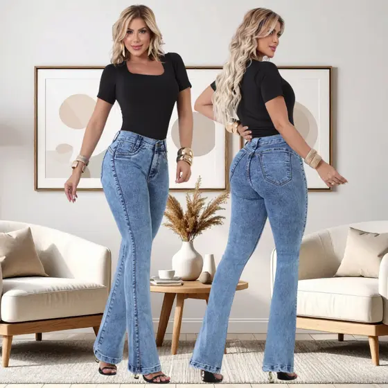 Calça Feminina Flare Cos Alto Levanta Bumbum Com Lycra Boca De Sino
