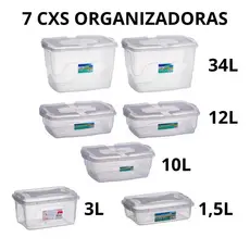 Kit 7 Caixas Organizadoras Multiuso c/ Trava | Tamanhos 34L 12L 10L 3L 1,5L p/ Casa Escritório