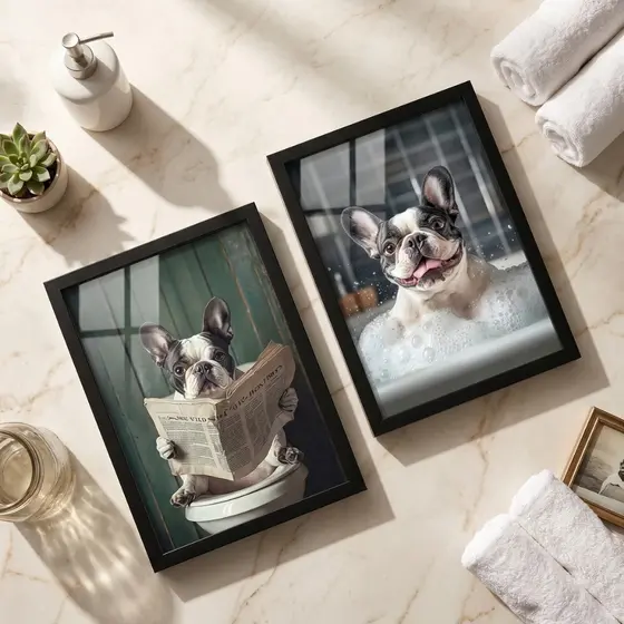 Kit 2 Quadros Decorativos 18x24 Bulldog Francês Banheiro Divertido Moldura Vidro Lavabo Pet Dog