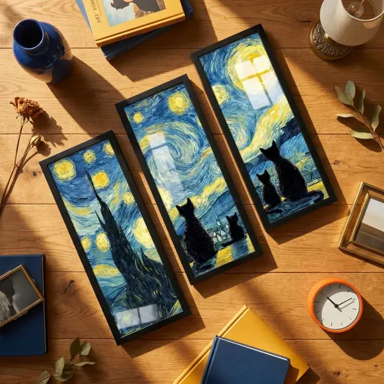 Kit 3 Quadros Decorativos 18x45 cm Gatos Noite Estrelada Arte Moldura Vidro Sala Escritório Van Gogh
