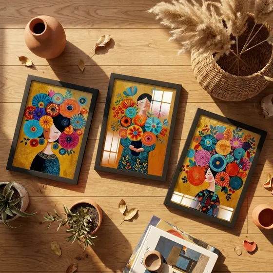 Kit 3 Quadros Decorativos Flores Mulheres Folk 18x24 Sala Quarto Boho Colorido Arte Moldura Vidro