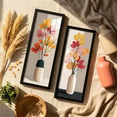 Kit 2 Quadros Decorativos Vasos Floridos Flores Bege Floral Sala Quarto Hall Elegante 18x45 cm