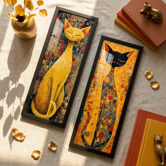 Kit 2 Quadros Verticais 18x45 Gatos Klimt Arte Dourado Moldura Vidro Sala Escritório Quarto