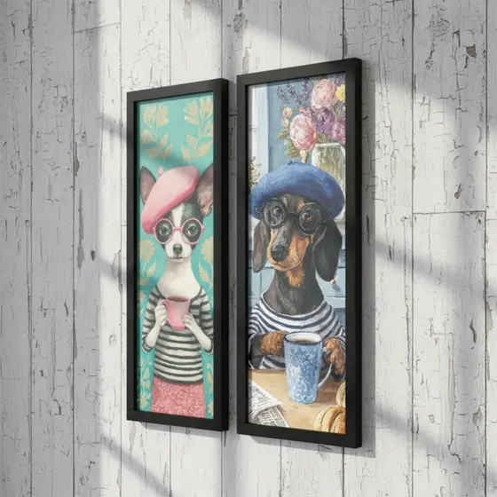 Kit 2 Quadros 18x45 Cm Cachorros Estilosos Tomando Café