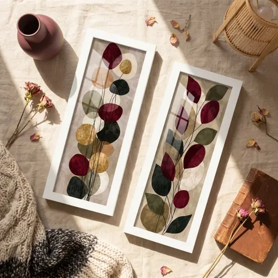 Kit 2 Quadros Folhas Boho 18x45 Sala Quarto Botanico Minimalista Bege Moldura Vidro Pixer com vidro