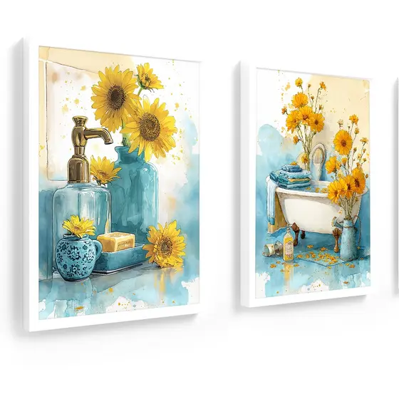 Kit 2 quadros 18x24 banheiro, lavabo, flores, vaso girassol