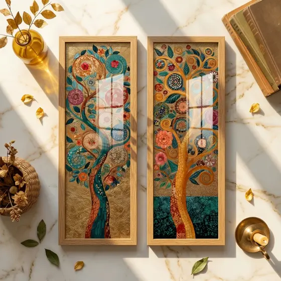 Kit 2 Quadros Decorativos 18x45 Árvore da Vida Dourada Espiritual Zen Moldura Vidro Sala Hall Consultório
