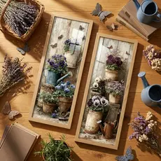 Kit 2 Quadros Decorativos Verticais 18x45 Vasos Rústicos Flores Borboletas Moldura Vidro Sala Quarto