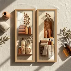 Kit 2 Quadros Decorativos Banheiro Lavabo Verticais 18x45 Boho Terracota Spa com Moldura e Vidro