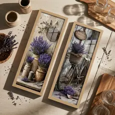Kit 2 Quadros Decorativos Verticais 18x45 Lavanda Rústico Provença Flores Moldura Vidro Sala Quarto