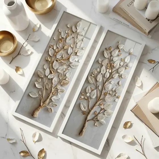 Kit 2 Quadros Verticais 18x45 Árvore Dourada Moldura Vidro Decoração Sala Quarto Presente Luxo