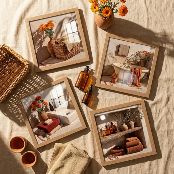 Quadros para Banheiro Kit 4 Terracota Rústico Boho 18x18 Lavabo Vintage Decoração Moldura Vidro