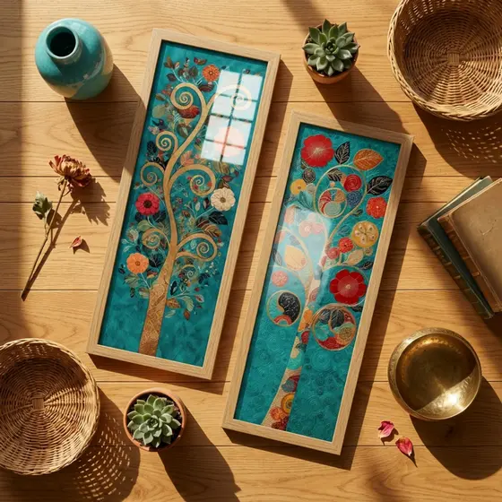 Kit 2 Quadros Decorativos Arvore da Vida Turquesa Espiritual Mandala Sala Quarto Meditação 18x45 cm