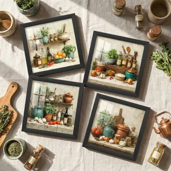 Kit 4 Quadros Decorativos 18x18 Cozinha Vintage Gastronomia Rústico Moldura Vidro Sala Jantar Café