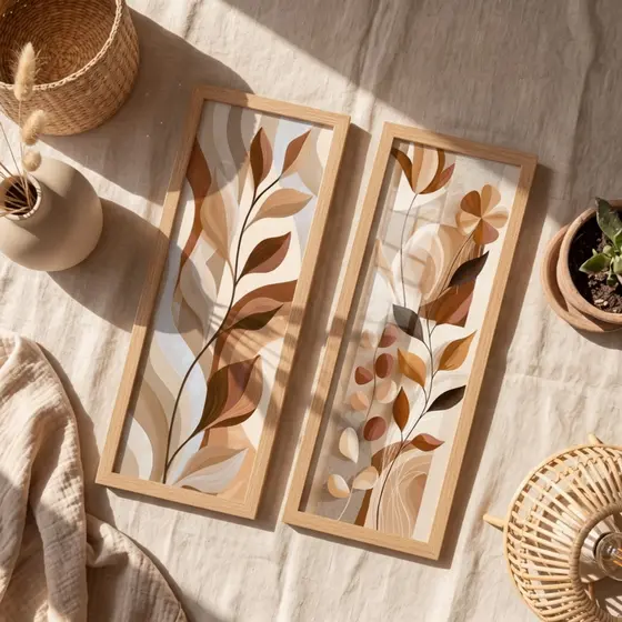 Kit 2 Quadros Decorativos Folhas Bege Boho 18x45 Sala Quarto Terroso Rustico Nórdico Moldura Pixer