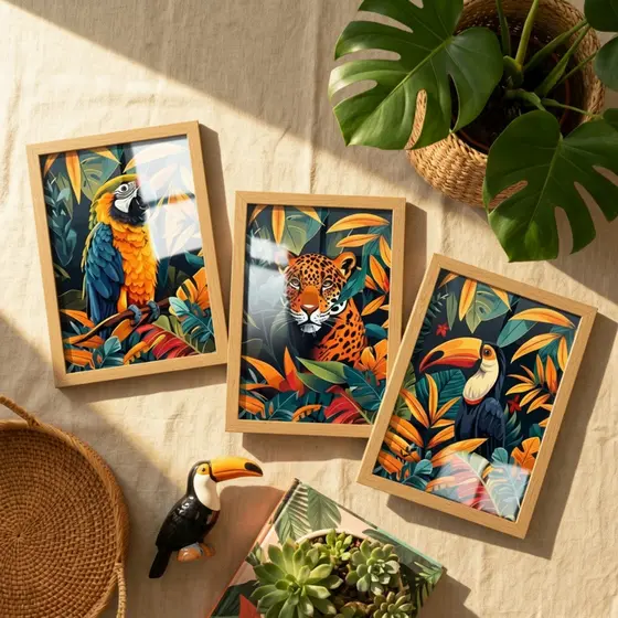 Kit 3 Quadros Decorativos Tropical Floresta 18x24 Sala Quarto Arara Onça Animais Moldura Vidro