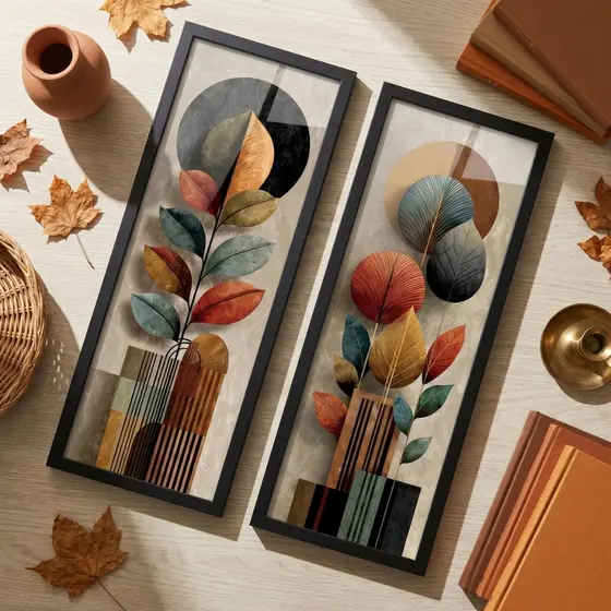 Kit 2 Quadros Decorativos Verticais 18x45 Folhas Abstratas Boho Moderno Moldura Vidro Sala Quarto