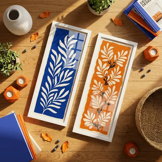 Quadros Decorativos Kit 2 Peças 18x45 Botânico Azul Laranja Terracota Sala Quarto Decoração Parede