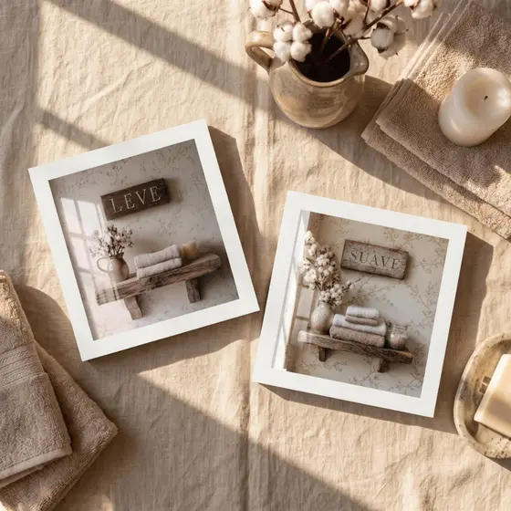 Quadro Decorativo Banheiro Kit 2 Peças 18x18cm Lavabo Algodão Boho Clean Com Vidro Moldura Madeira