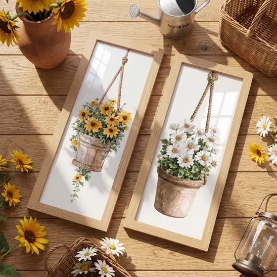 Quadro Decorativo Floral Kit 2 Peças 18x45cm Flores Aquarela Quarto Sala Com Vidro Moldura Madeira