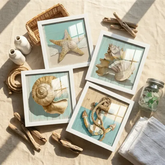Quadros Decorativos para Banheiro Kit 4 Praia Náutico 18x18 Estrela Concha Mar Moldura Vidro Pixer