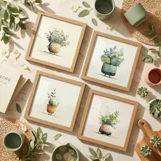 Kit 4 Quadros Decorativos 18x18 Plantas Vasos Fofos Minimalista Divertido Moldura Vidro Sala Quarto