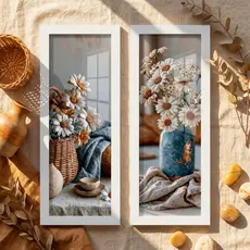 Kit 2 Quadros Decorativos Margaridas Vaso 18x45 Sala Quarto Floral Flores Brancas Campestre Pixer