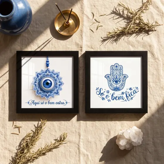 Kit 2 Quadros Decorativos Olho Grego Hamsa 18x18 Proteção Amuleto Mistico Boho Entrada Pixer vidro