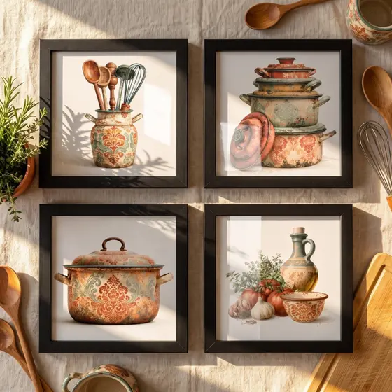 Quadro Decorativo Cozinha Kit 4 Peças 18x18cm Rústico Boho Com Vidro Moldura Madeira Área Gourmet