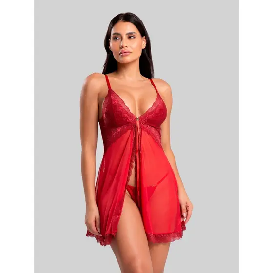 Camisola Louise D Encanto Sem Bojo Fenda Frontal e Calcinha Fio em Tule e Renda