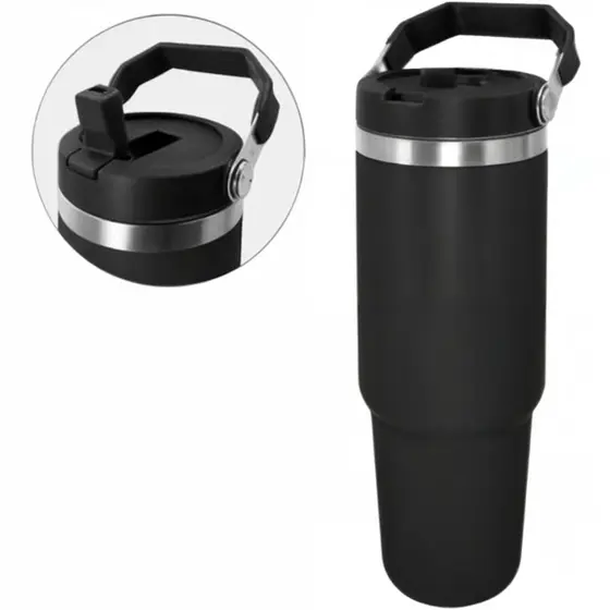 Personalizado - Garrafa Flip Straw Tumbler com Alça Superior e Canudo (900ml) - Preto
