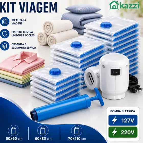 Saco a Vacuo para Roupas e Viajem 40x60 50x60 60x80 70x110 Bomba Elétrica ou Manual Escolha seu Kit