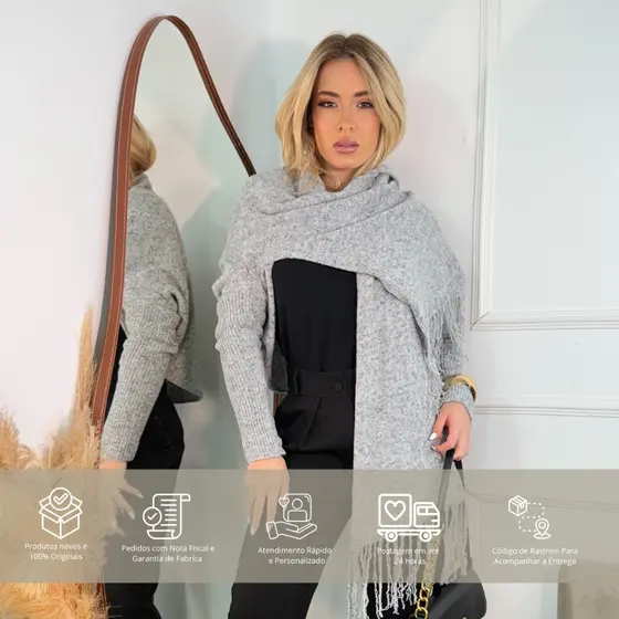 Casaco Poncho Echarpe Franjas Mousse Tricot Elegante Estiloso