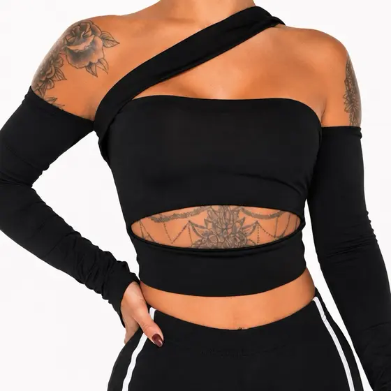 Top Cropped Feminino Tomara Que Caia Um Ombro Manga Longa Suplex Premium Modelador Cod- 69