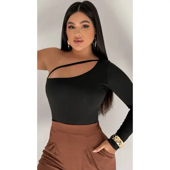 Body Feminino Assimétrico Manga Longa Estiloso | Tecido Suplex | Confortável e Moderno 254